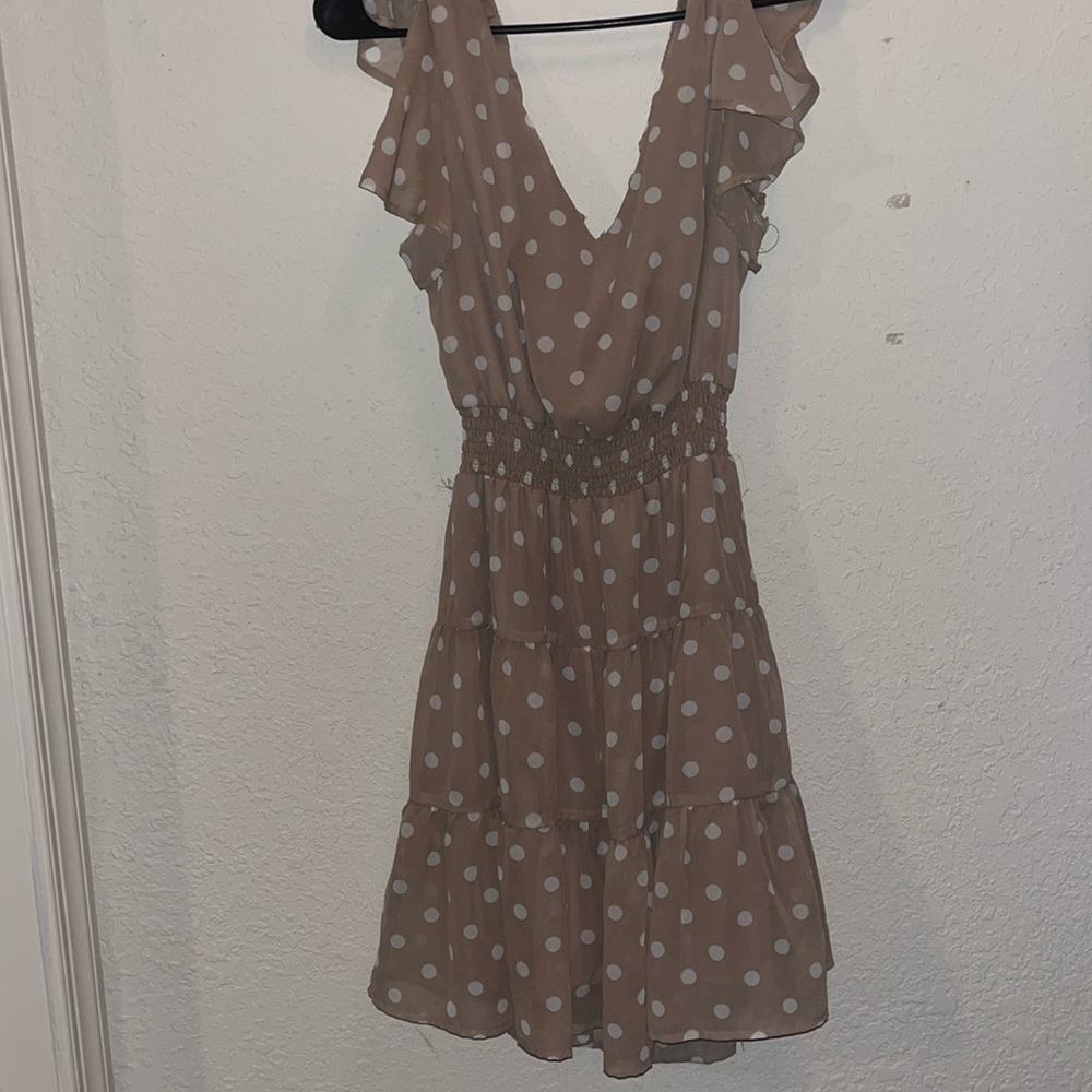light brown/oatmeal dress with polka dots